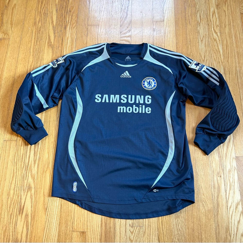 adidas Navy Long Sleeve Soccer Jersey with Light Blue Stripes